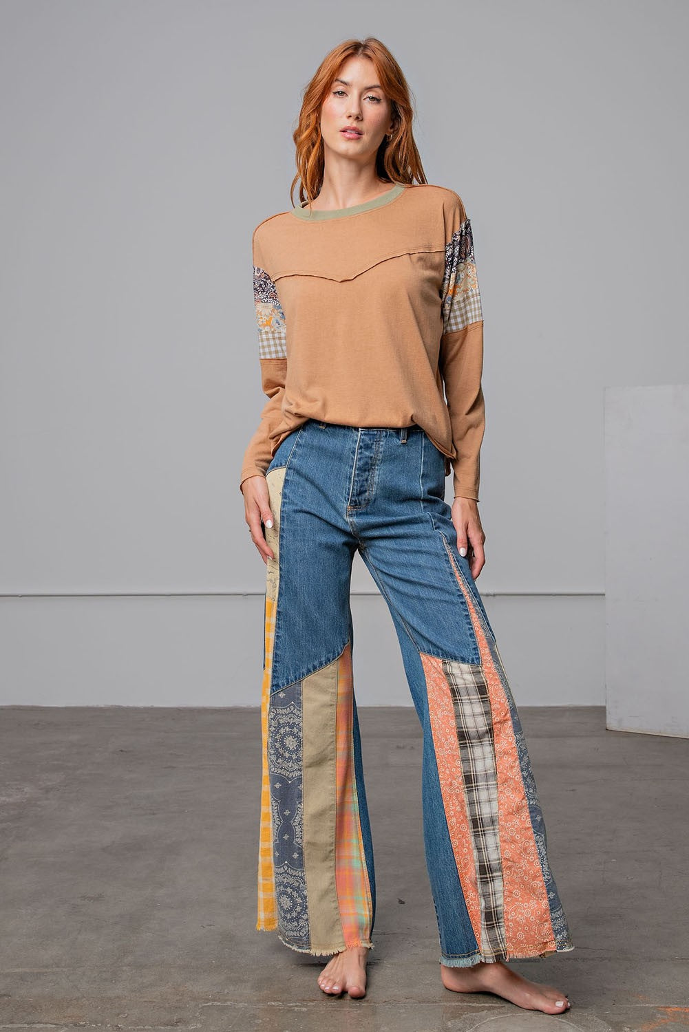 Payton Patchwork Sleeves Top - White or Pumpkin