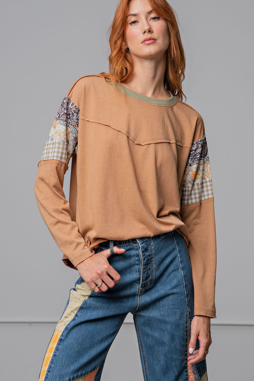 Payton Patchwork Sleeves Top - White or Pumpkin