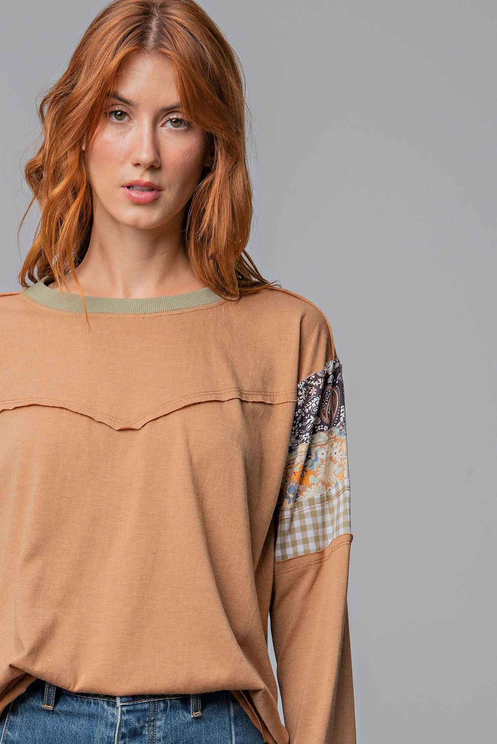 Payton Patchwork Sleeves Top - White or Pumpkin