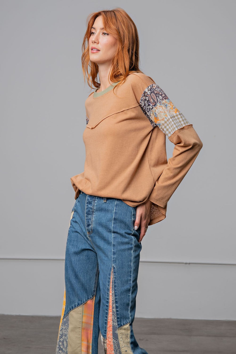 Payton Patchwork Sleeves Top - White or Pumpkin